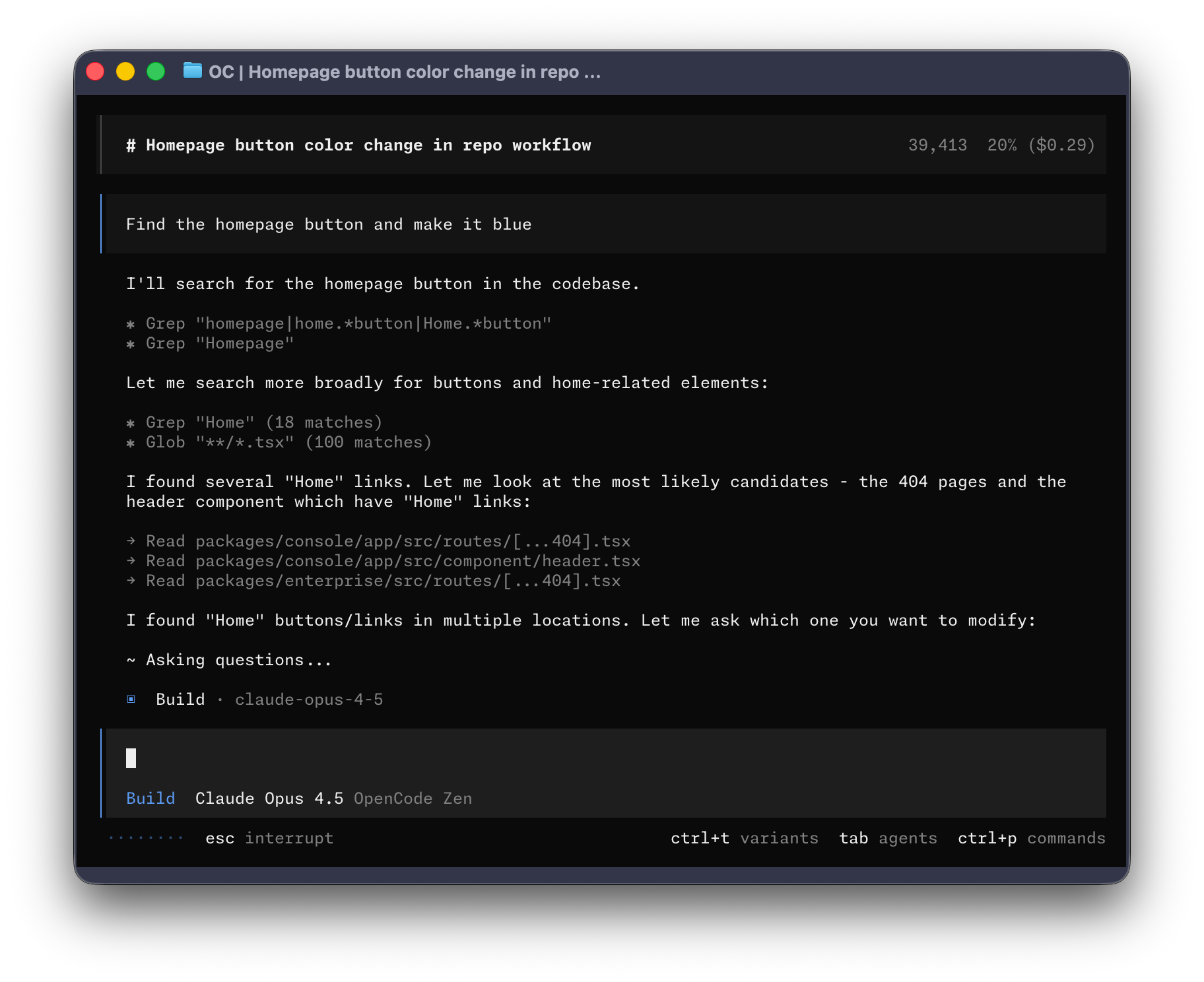OpenCode terminal interface showing an AI coding agent working on a codebase